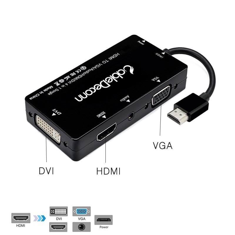 Cabledeconn 4 in1 HDMI Splitter HDMI to VGA DVI Audio Video Cable Multiport Adapter Converter  black