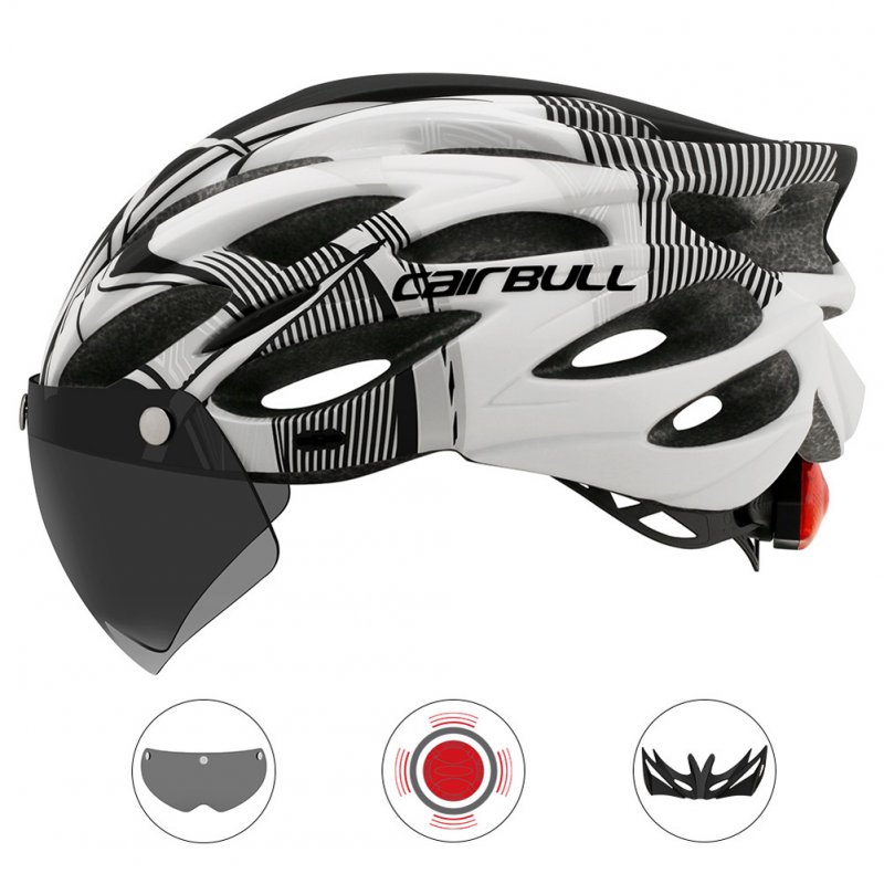 Cairbull Helmet Ultralight Off-road Mountain Bike Cycling Helmet with Removable Visor Taillight Black white_M / L (54-61CM)