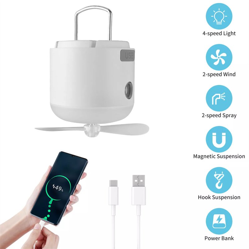 Camping Lantern, 4-in-1 Portable Camping Tent Light With 2-speed Wind, SOS Emergency Mode, 2-speed Humidifier Mode, Portable Hanging Lantern Flashlight White
