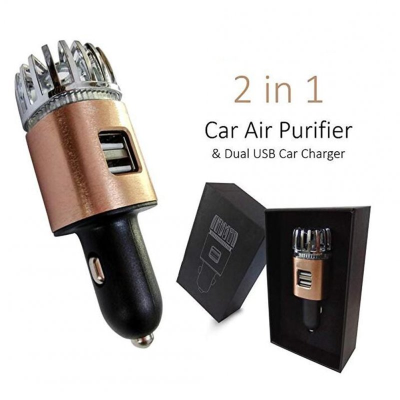 Car Air Purifier, Freshener Adapter with 2 USB Ports, Filter Ionizer - Eliminates Allergens, Smoke, Pet & Food Odor, Smell Bright copper