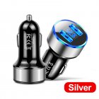 Car Charger Dual Port USB Fast Charging Adapter For Mobile Phones Tablets LED Display Circuit Protection 12V/24V Universal For Most Vehicles silver