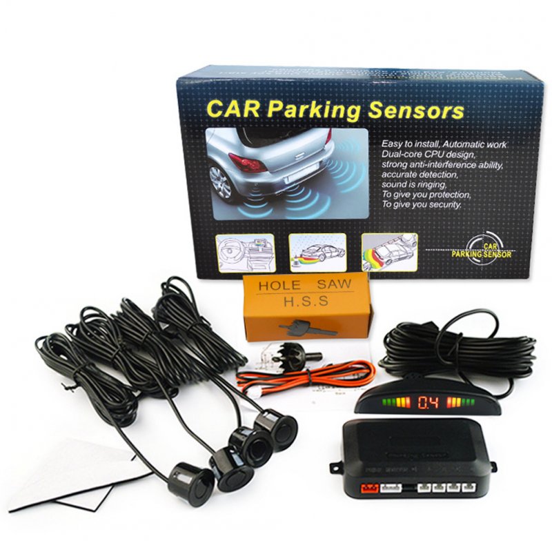 Car Parking Sensor Kit Rear Reverse 12V 4 Sensors Buzzer Sensor Audio Alarm Probe black