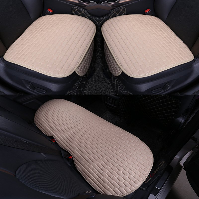 Car Seat Cover set Four Seasons Universal Design Linen Fabric Front Breathable Back Row Protection Cushion Warm  beige _Five-piece suit (small waist)