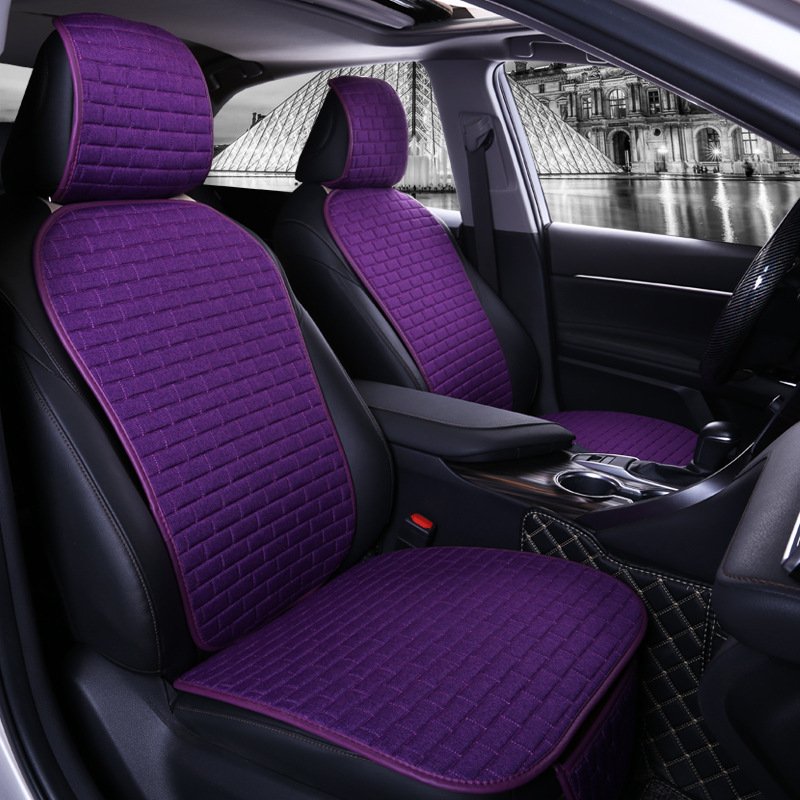 Car Seat Cover set Four Seasons Universal Design Linen Fabric Front Breathable Back Row Protection Cushion Romantic purple waist_Five-piece suit (small waist)