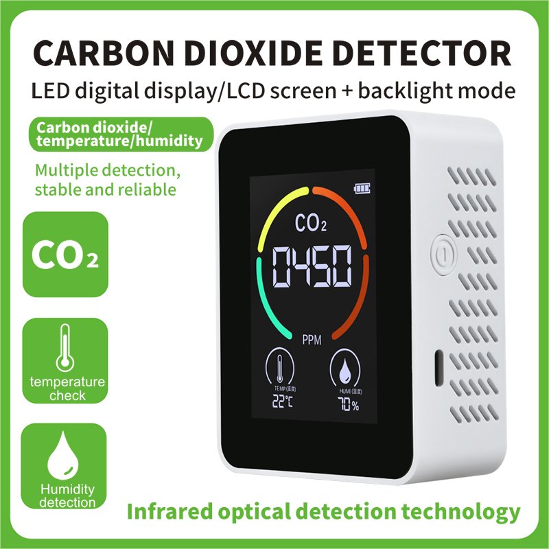 Carbon Dioxide Detector With Indoor Outdoor Temperature Detection Co2 Air Detector white