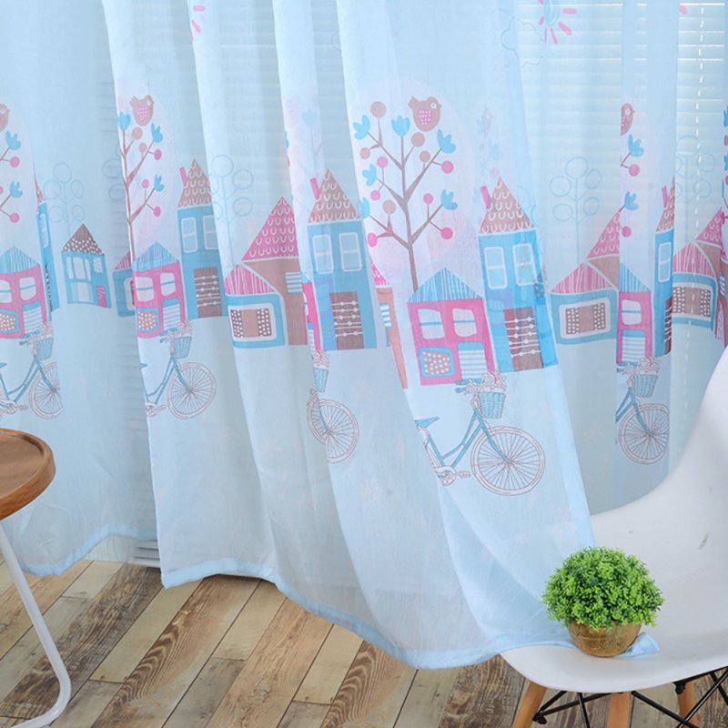Cartoon House Printing Curtain Tulle for Living Room Bedroom Children Room Window Screening Blue christmas room paper print_1m wide x 2m high