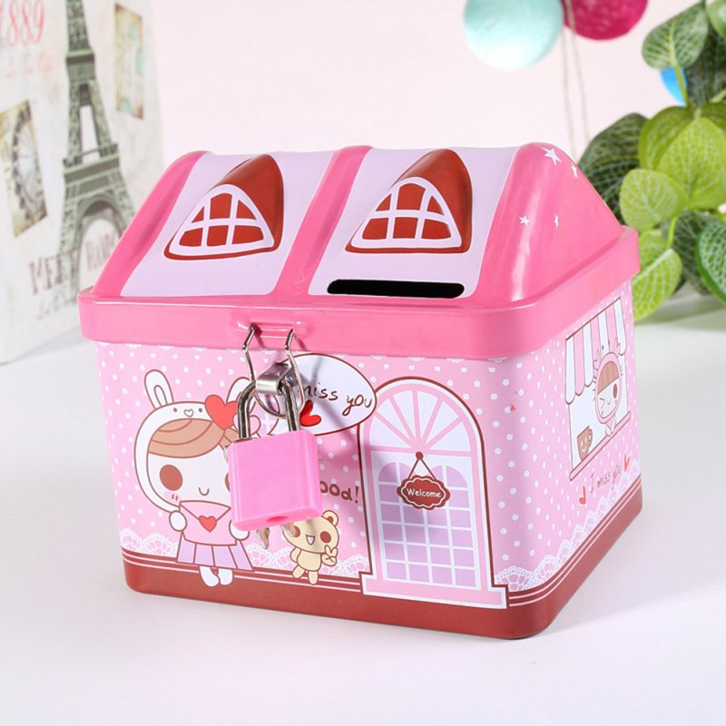 Cartoon Iron House Cute Piggy Bank Money Saving Box Tinplate Creative Coin Pot Gifts for Children 11.9 * 9.4 * 10.4cm