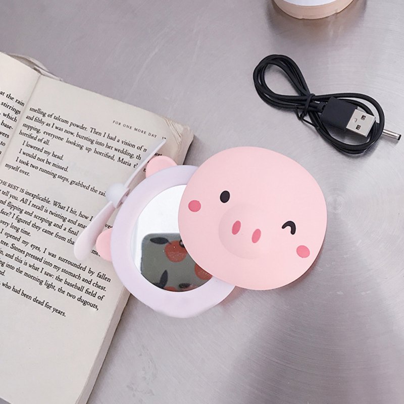 Cartoon Pig Portable LED Fill Light Makeup Mirror Fan USB Charging Portable Handheld Mini Fan  Blinking eyes_General purpose