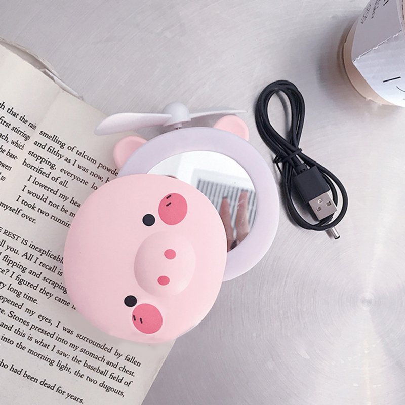 Cartoon Pig Portable LED Fill Light Makeup Mirror Fan USB Charging Portable Handheld Mini Fan  Open eyes_General purpose