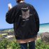 Casual Baseball Jacket with Cat Decor Long Sleeves Zippered Cardigan Top for Man black M