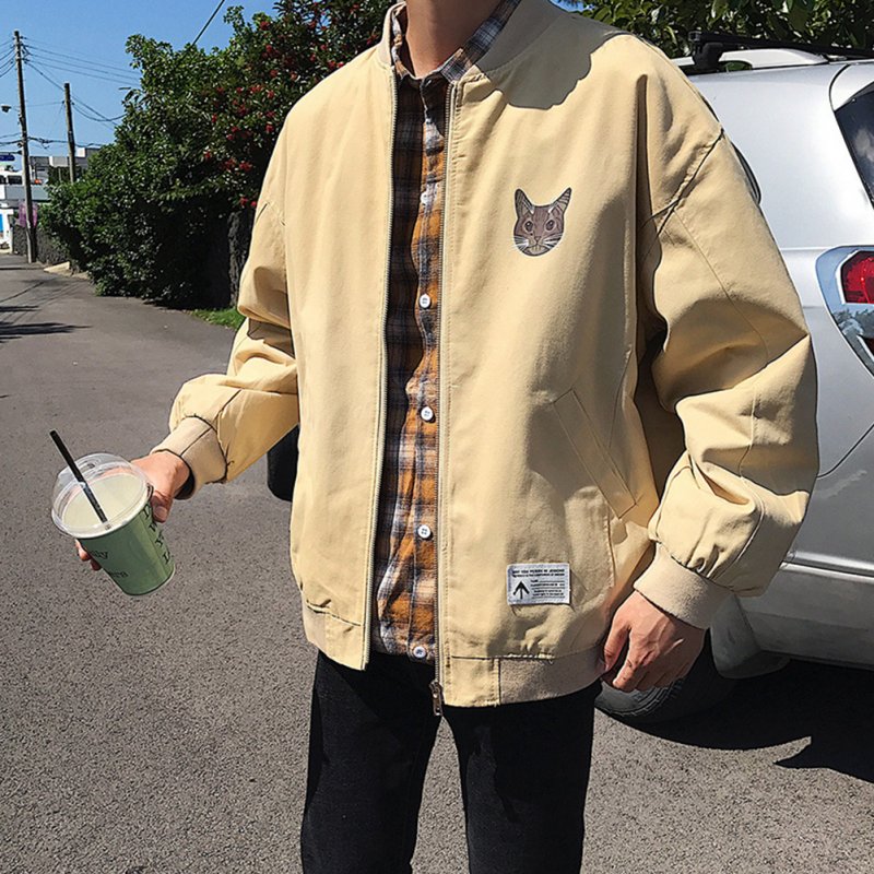 Casual Baseball Jacket with Cat Decor Long Sleeves Zippered Cardigan Top for Man Khaki_2XL