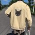 Casual Baseball Jacket with Cat Decor Long Sleeves Zippered Cardigan Top for Man Khaki 2XL