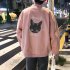 Casual Baseball Jacket with Cat Decor Long Sleeves Zippered Cardigan Top for Man Pink M