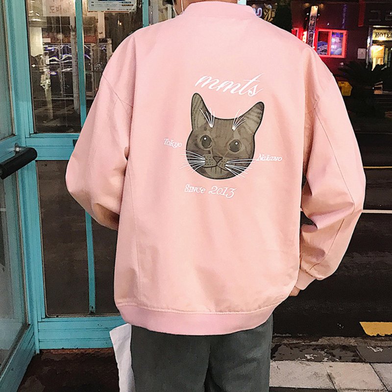 Casual Baseball Jacket with Cat Decor Long Sleeves Zippered Cardigan Top for Man Pink_L