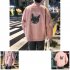 Casual Baseball Jacket with Cat Decor Long Sleeves Zippered Cardigan Top for Man Pink L
