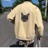 Casual Baseball Jacket with Cat Decor Long Sleeves Zippered Cardigan Top for Man Pink M