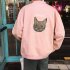 Casual Baseball Jacket with Cat Decor Long Sleeves Zippered Cardigan Top for Man Pink L