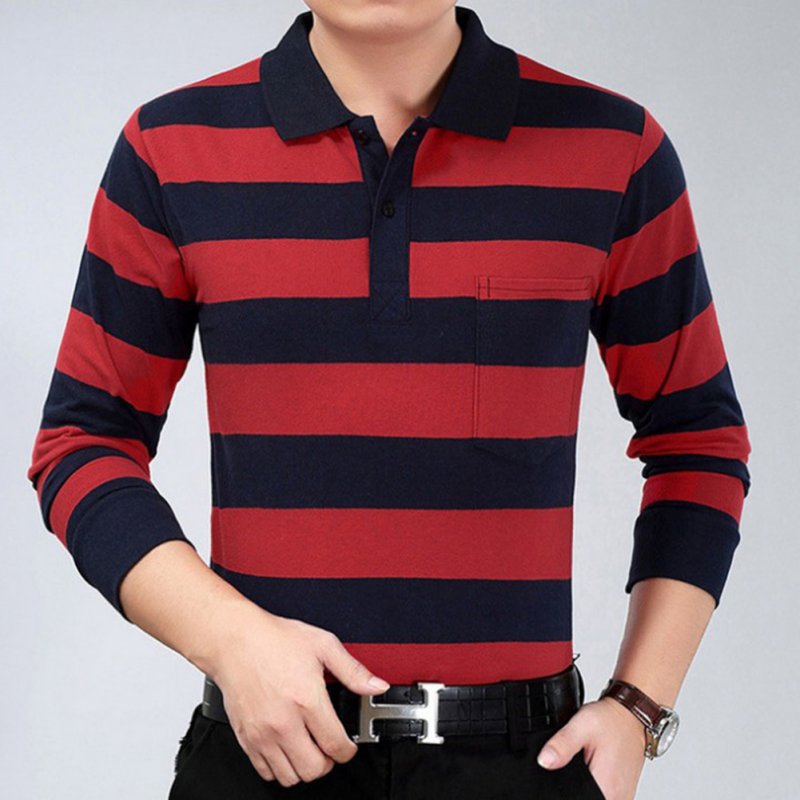 Casual Long Sleeve Business Shirts Turn-down Collar Top Male Striped Polo Shirt  16#_XL