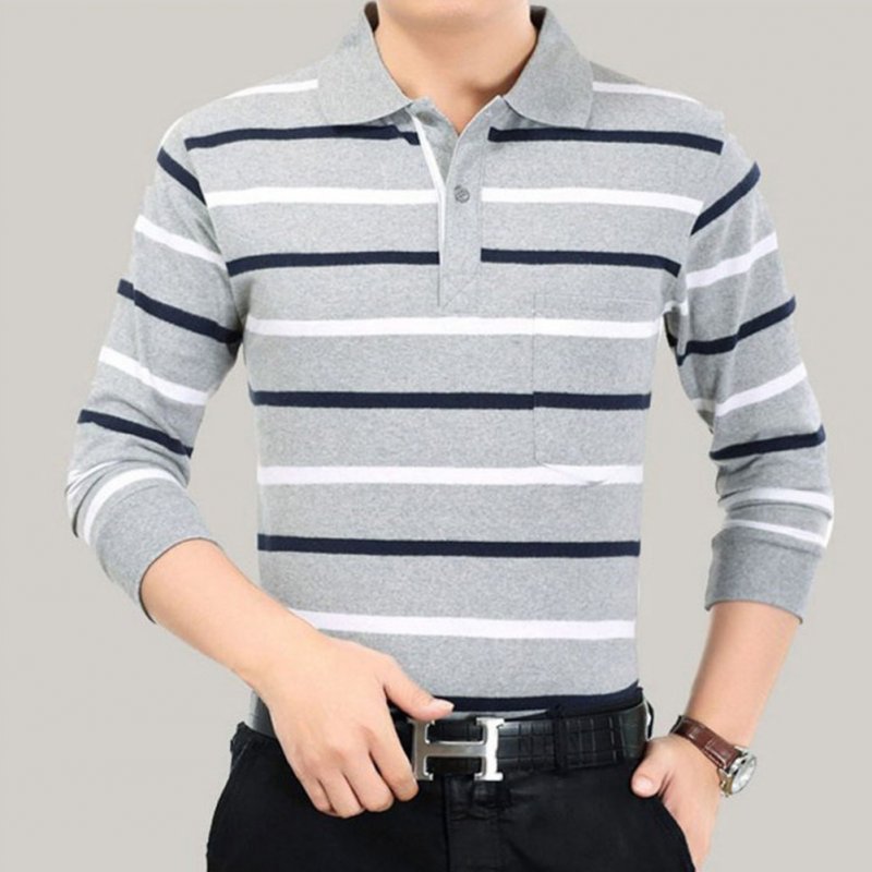 Casual Long Sleeve Business Shirts Turn-down Collar Top Male Striped Polo Shirt  3#_XXXL