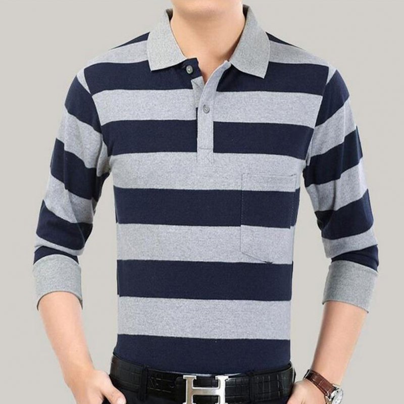 Casual Long Sleeve Business Shirts Turn-down Collar Top Male Striped Polo Shirt  42#_XXXL