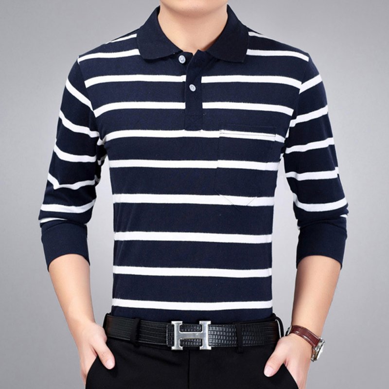 Casual Long Sleeve Business Shirts Turn-down Collar Top Male Striped Polo Shirt  24#_M