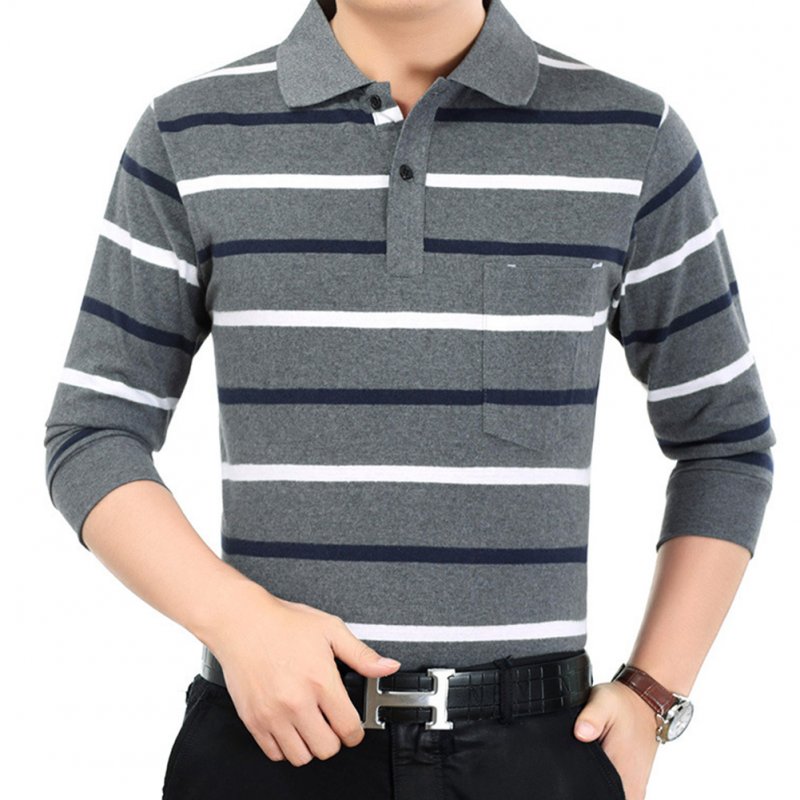 Casual Long Sleeve Business Shirts Turn-down Collar Top Male Striped Polo Shirt  39#_XL