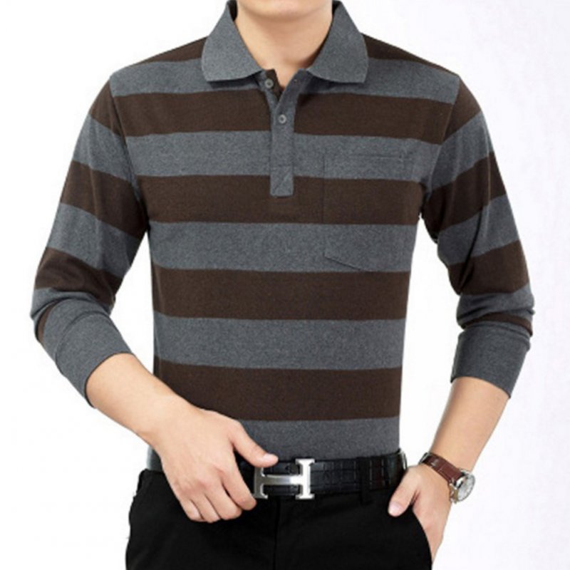 Casual Long Sleeve Business Shirts Turn-down Collar Top Male Striped Polo Shirt  47#_XL