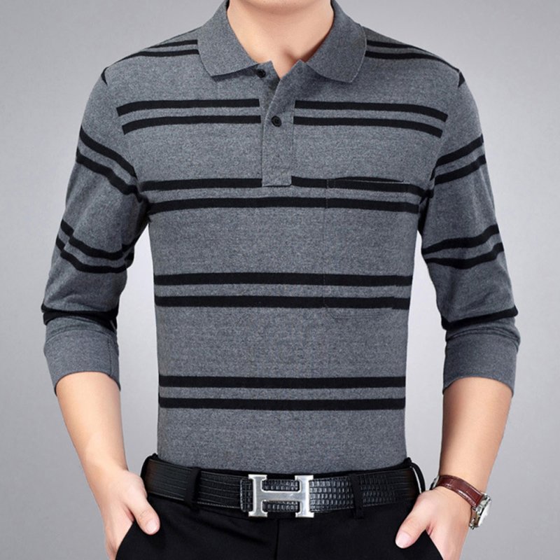 Casual Long Sleeve Business Shirts Turn-down Collar Top Male Striped Polo Shirt  17#_XXXL
