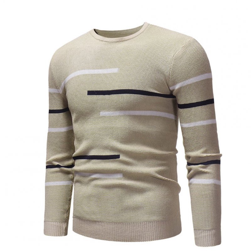 Casual Slim Base Shirt Strips Decorated Top Pullover of Long Sleeves and Round Neck for Man Khaki_XL