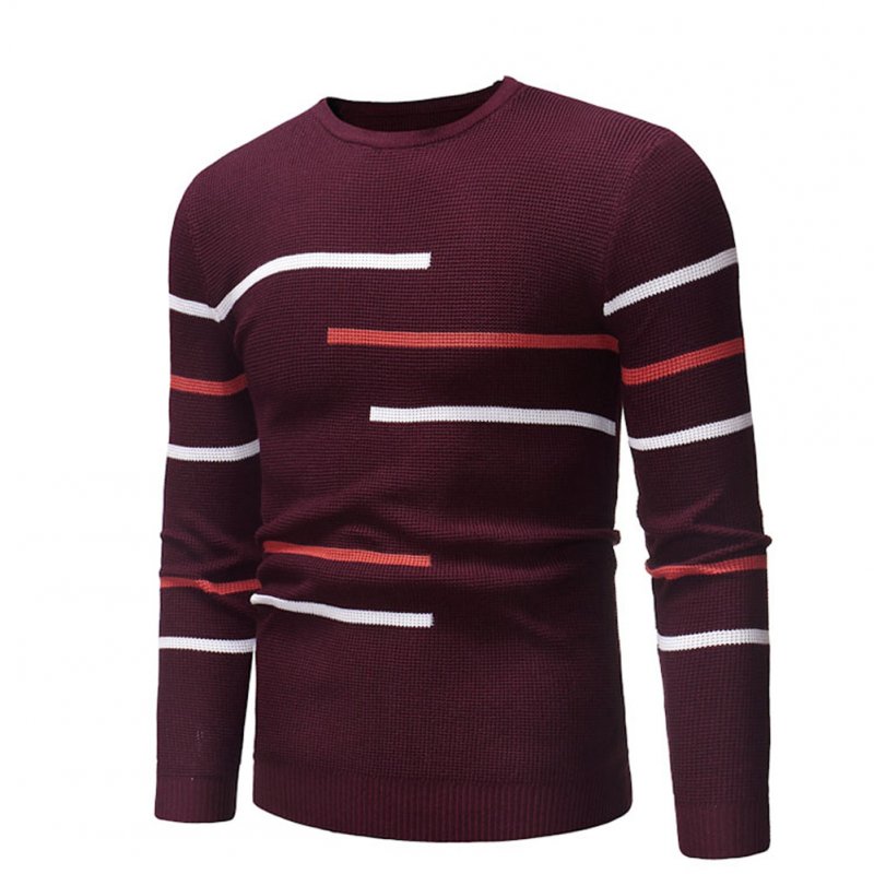 Casual Slim Base Shirt Strips Decorated Top Pullover of Long Sleeves and Round Neck for Man Red wine_M