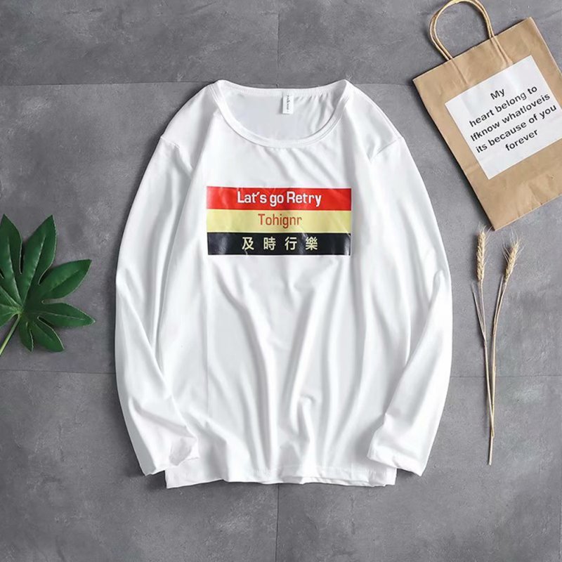 Casual Sweater with Letters Decor Round Neck and Long Sleeves Loose Pullover for Man 748 white_XL