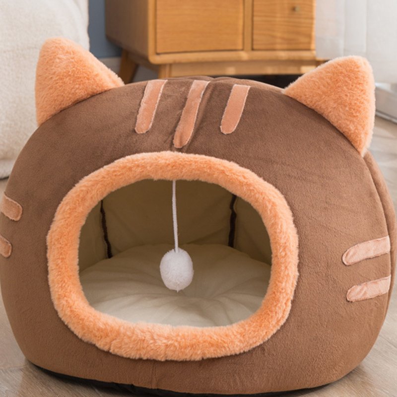 Cat Winter Warm Bed Cat Shape Soft Comfortable Wear-resistant Semi Enclosed Cat House Pet Supplies Brown S 35 x 35 x 30