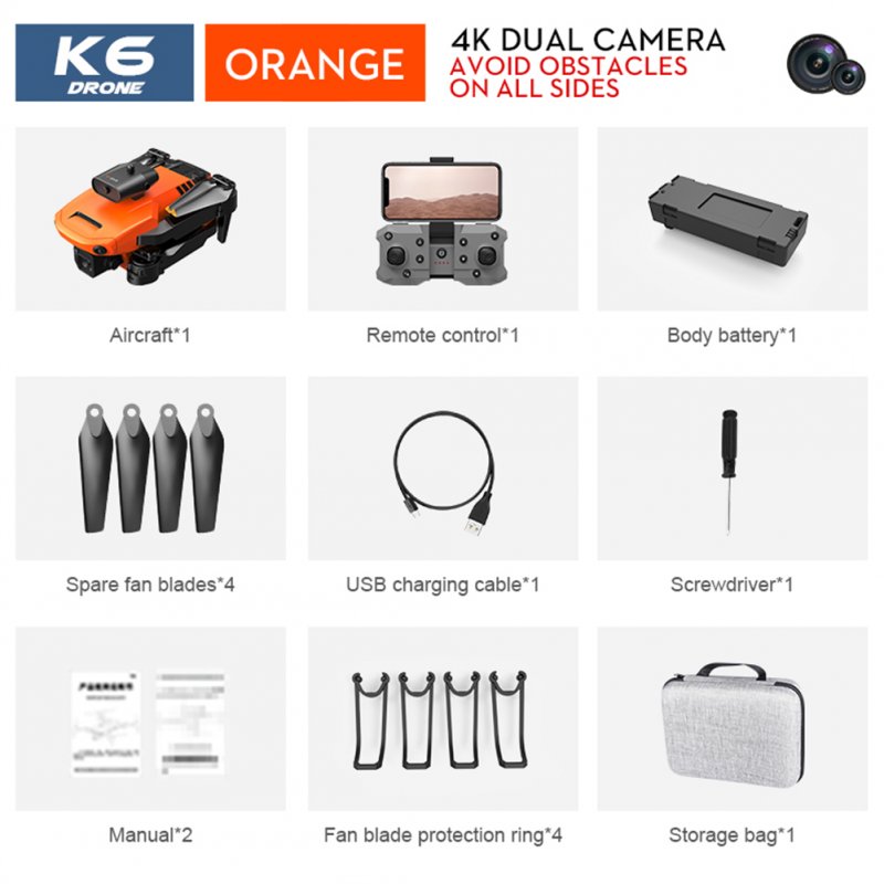 K6 RC Mini Drone 4k HD Camera Wifi Fpv Four Sides Infrared Obstacle Avoidance Folding Quadcopter Helicopter Orange