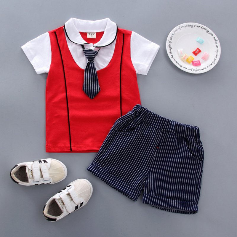 Children Boy Shirt Two-piece Set Baby Long Tie Short Sleeve Top and Shorts Fashionable Suit KY double led with red_100cm