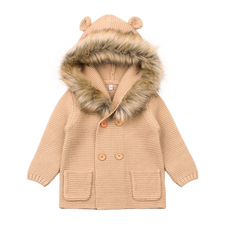 Children Boys Girls Hooded Knitted Long Sleeve Sweater Hairy Neckline Double-breasted Cartoon Ear Outerwear brown_80cm