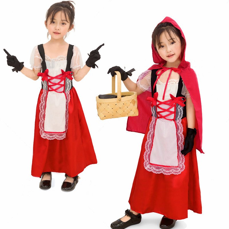 Children Cosplay Costume with Capped Shawl and Gloves for Stage Performance Beer Festival  red_M