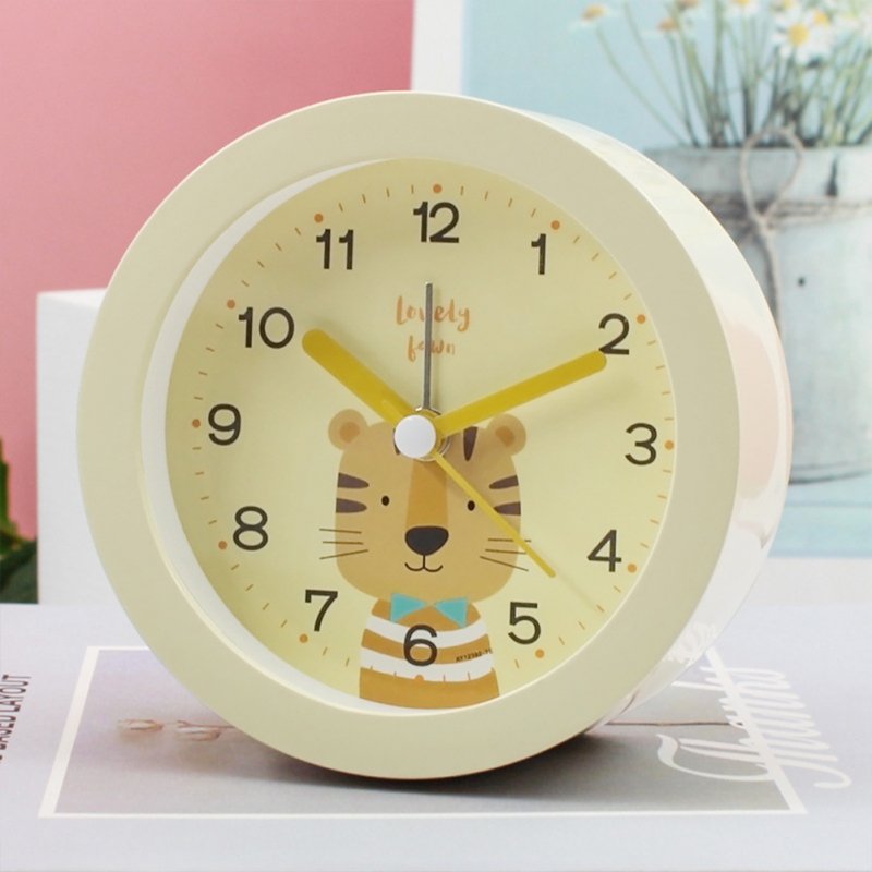 Children Cute Cartoon Animal Round Alarm Clock Portable Bedside Ultra-quiet Sweeping Soft Warm-light Night Lamp Small Table Clock Yellow