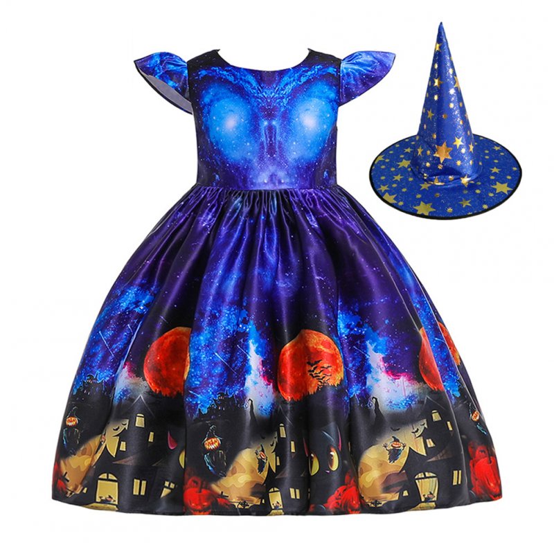Children Dress Halloween Princess Dress Ghost Print Children's Dress with Hat WS003-blue [with hat]_140cm