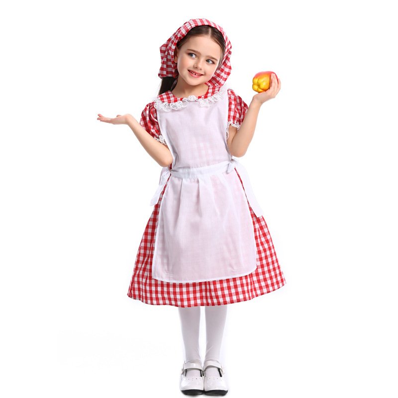 Children Lace Lattice Slim Dress Halloween Special Beer Festival Costume Maid Uniform Red plaid_L