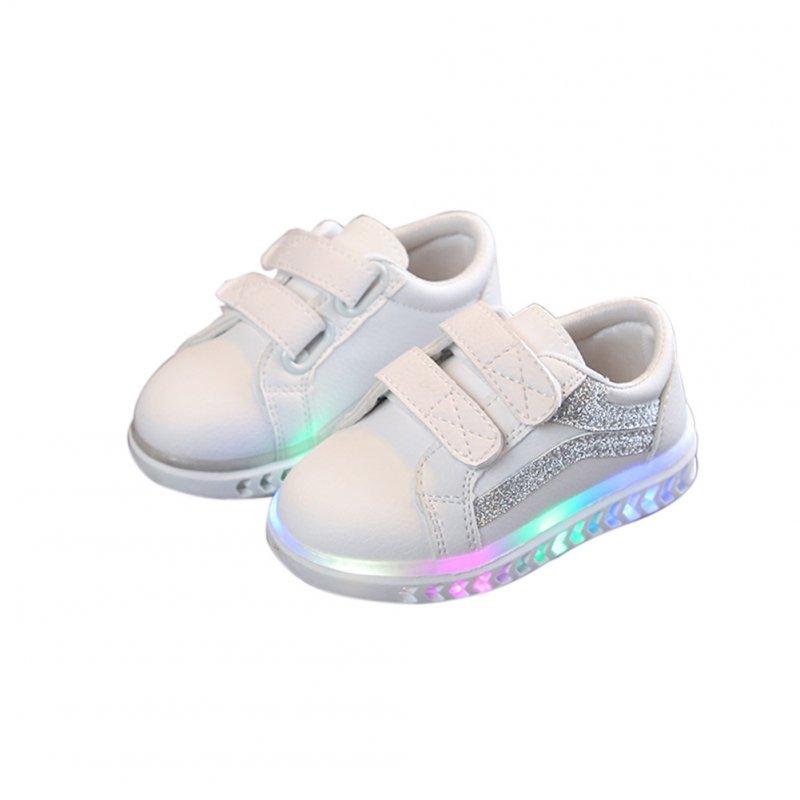 Children Leisure White Sports Soft Bottom Shoes with LED lights for Boys and Girls Silver_21# 13.5 cm