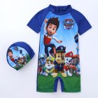 Children One-piece Swimsuit Set Short Sleeves Cute Cartoon Anime Printing Romper Swimwear With Swimming Cap For Kids Blue Puppy Swimsuit 2-3Y M
