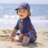 Children One piece Swimsuit Cartoon Printing Sunscreen Quick drying Swimwear For 2 8 Years Old Boys Girls Blue fish  without cap  5 6years L