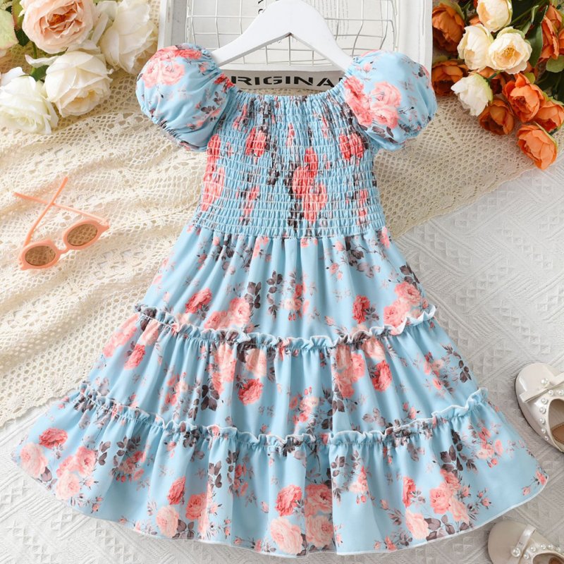 Children Summer Princess Dress Short Sleeves Elegant Floral Printing A-line Skirt For 4-12 Years Old Girls As shown 7-8Y 120cm