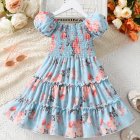 Children Summer Princess Dress Short Sleeves Elegant Floral Printing A-line Skirt For 4-12 Years Old Girls As shown 11-12Y 140cm