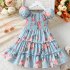 Children Summer Princess Dress Short Sleeves Elegant Floral Printing A line Skirt For 4 12 Years Old Girls As shown 7 8Y 120cm