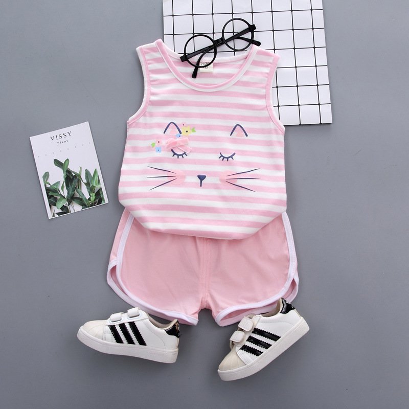 Children Summer Sleeveless Vest Shorts Two-piece Set Cute Cartoon Cat Pattern Casual Outfits Suit For Boys Girls pink 2-3Y 100cm