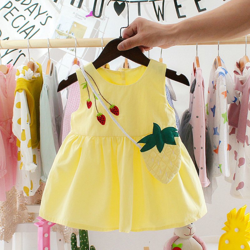 Children Toddler Kids Printed Strawberry Sleeveless Princess Dress+Bag Outfit yellow_80cm