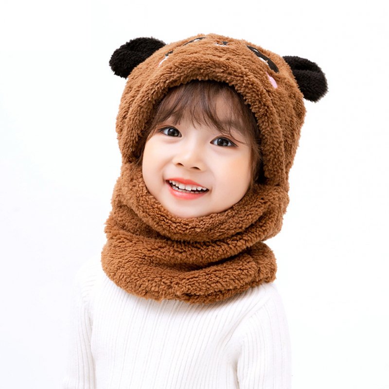 Children's  Hat Coral Fleece Cute Ear Cap With Scarf For  5-9 Years  Old Kids Brown