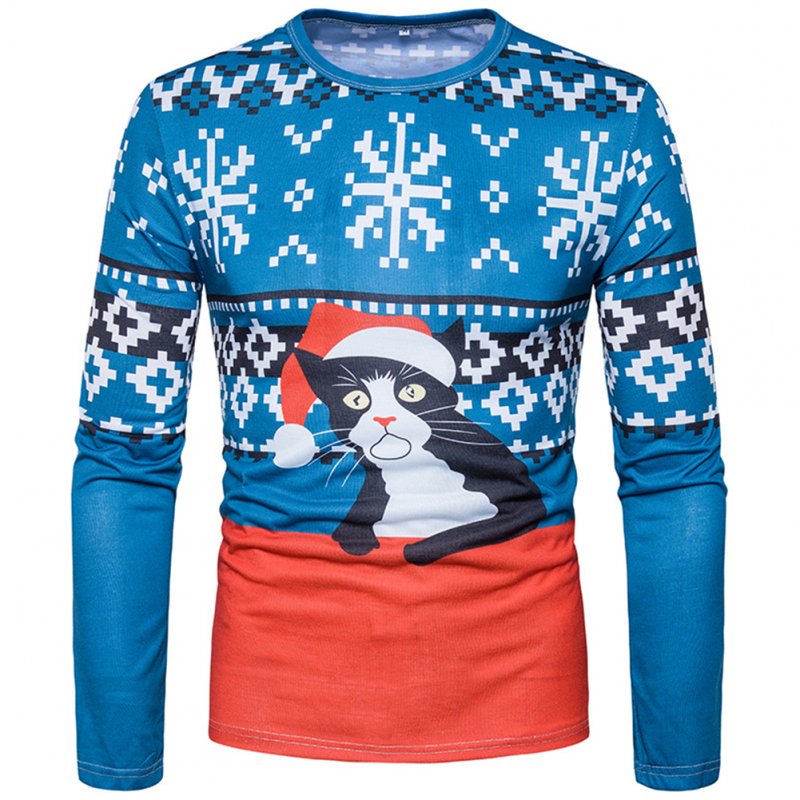 Christmas Clothes Male Casual 3D Special Cartoon Cat Printing Round Collar Long Sleeve T-shirt Photo Color_2XL