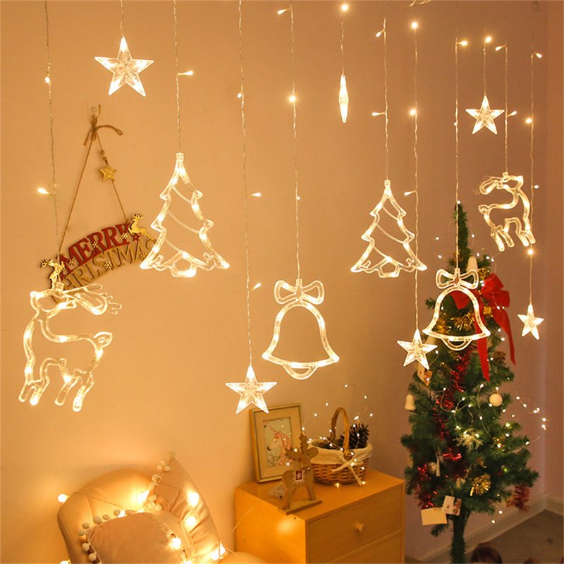 Christmas LED Curtain Lights 138 LEDs 8 Modes Xmas Tree Jingle Bell Star Curtain String Lights For Bedroom Wedding Party Decoration (US Plug) Warm White